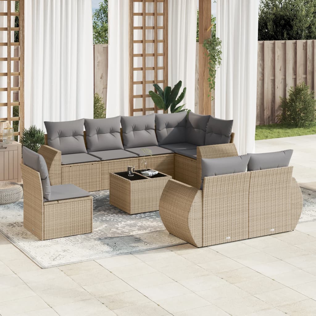 Vetonek Set de sofás de jardín 9 pzas con cojines ratán sintético beige