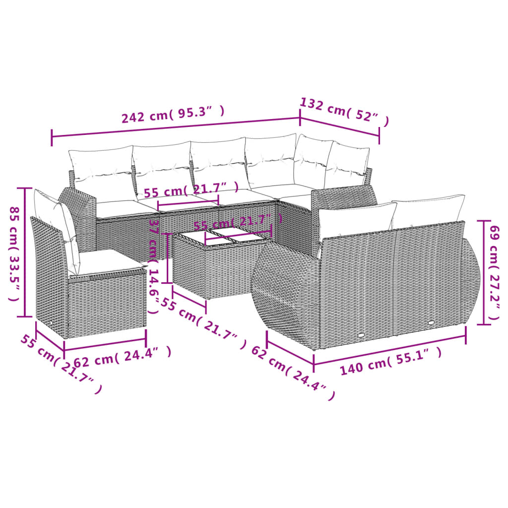 Set muebles jardín 9 pzas y cojines ratán sintético gris claro - Vetonek