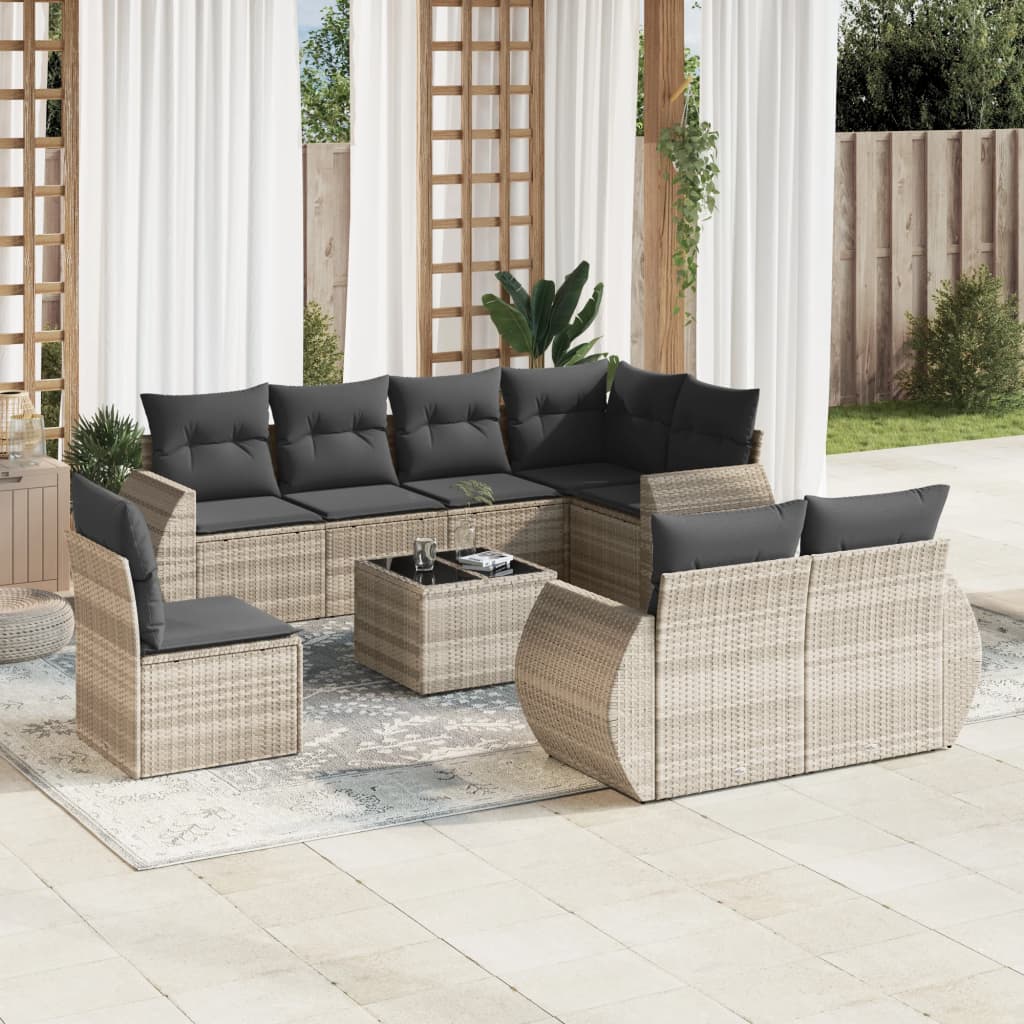 Set muebles jardín 9 pzas y cojines ratán sintético gris claro