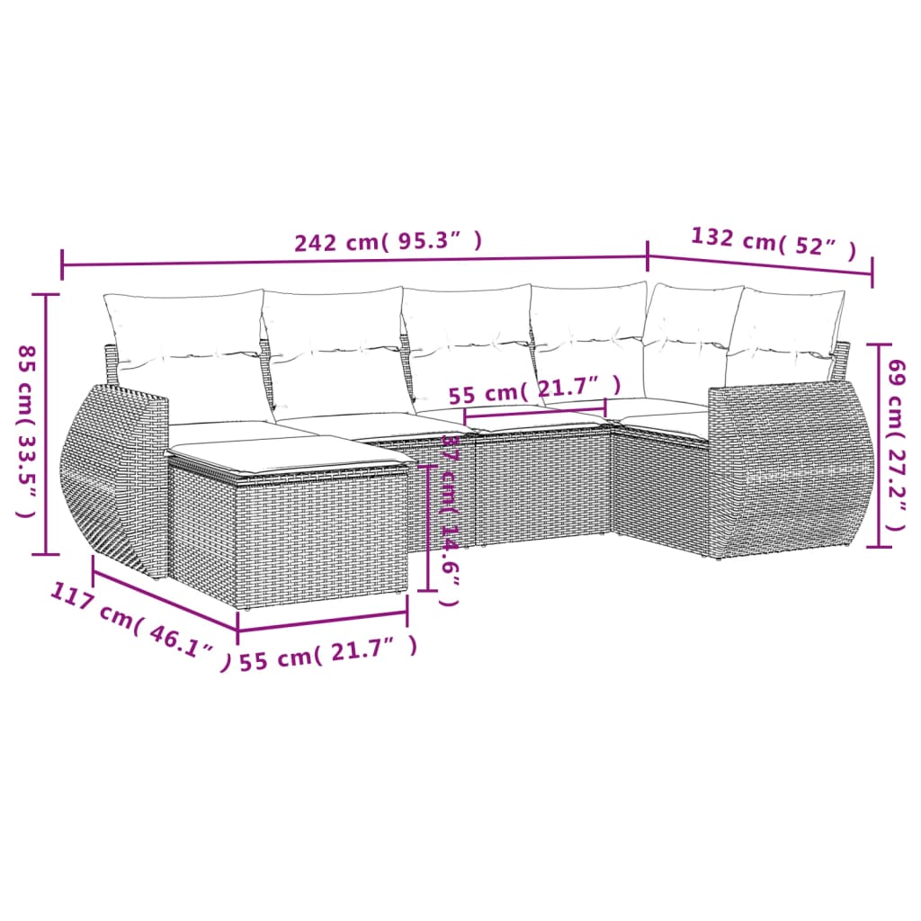 Set de sofás de jardín 6 pzas y cojines ratán sintético gris