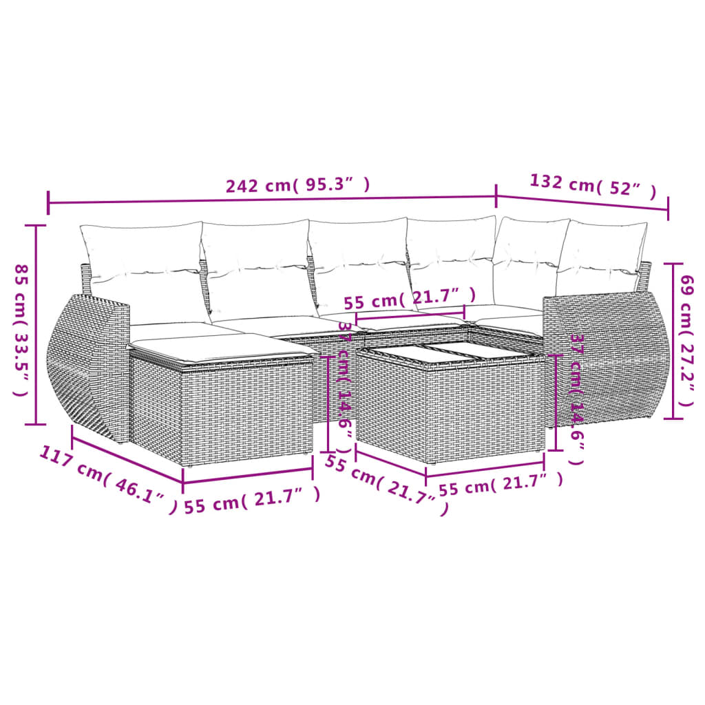 Garden Sofas Set 7 pieces with gray rattan cushions