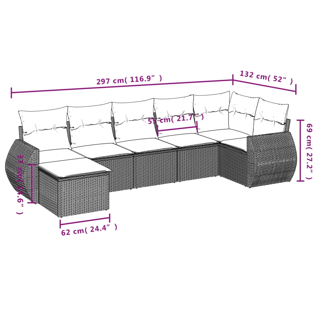 Set de comedor de jardín 7 pzas y cojines ratán sintético negro