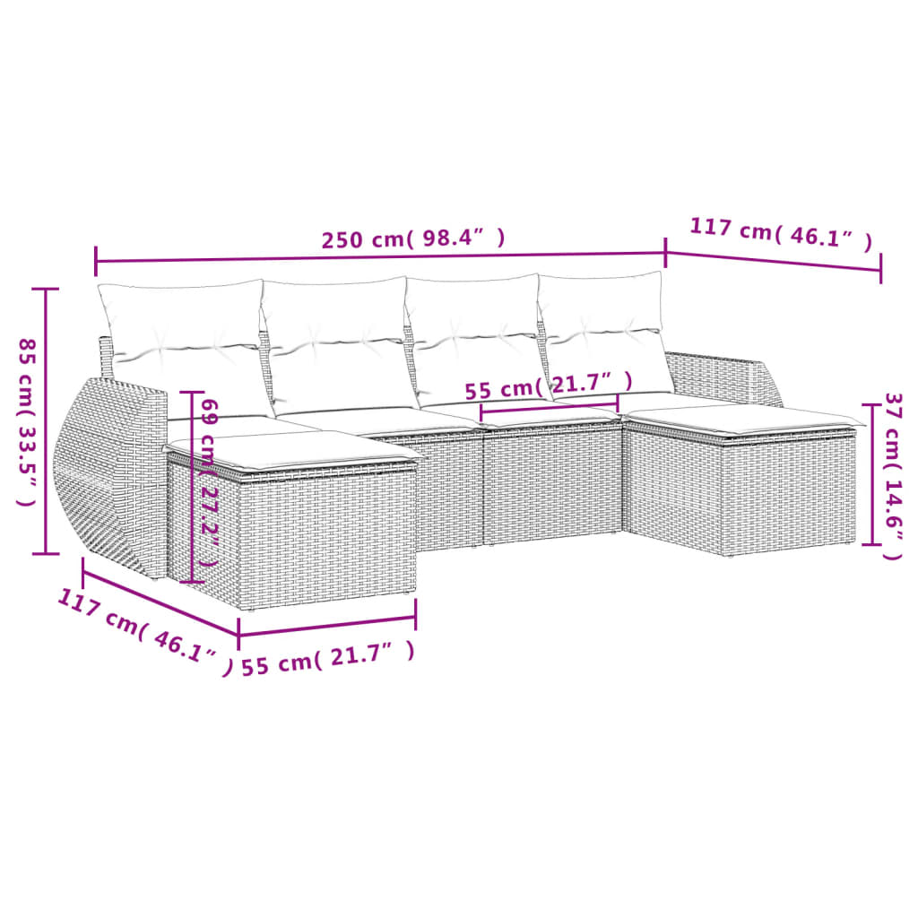 Garden Sofas Set 6 pieces and black synthetic rattan cushions