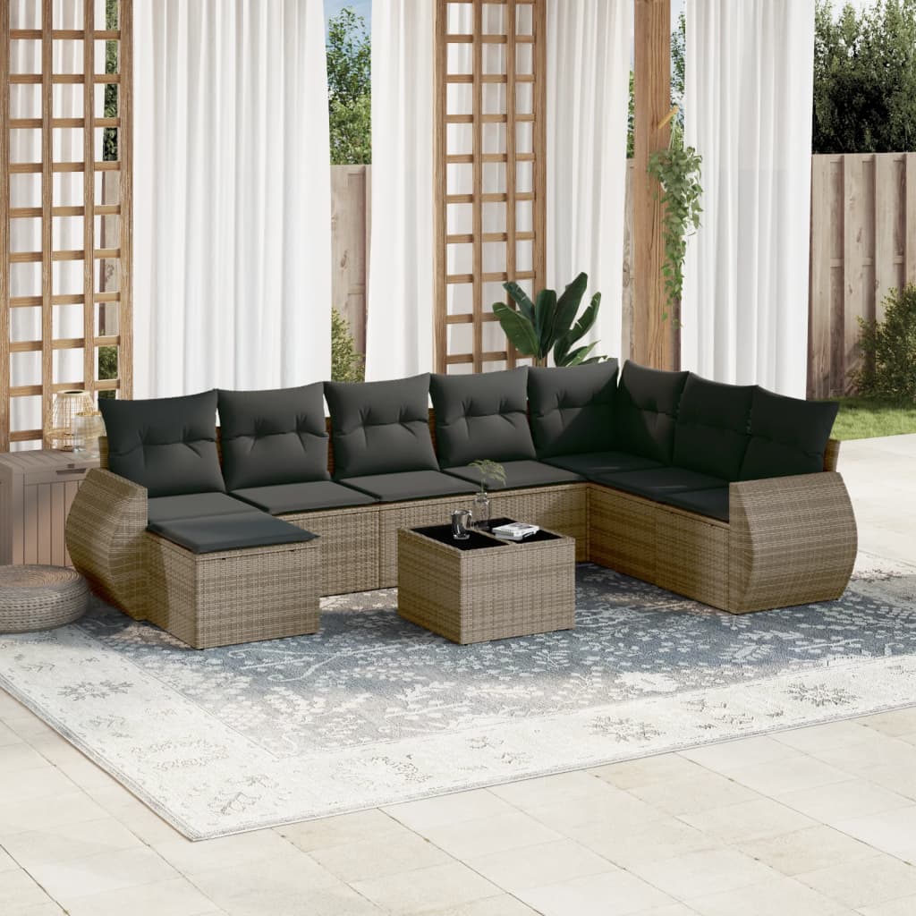 Vetonek Set de muebles de jardín 9 pzas y cojines ratán sintético gris