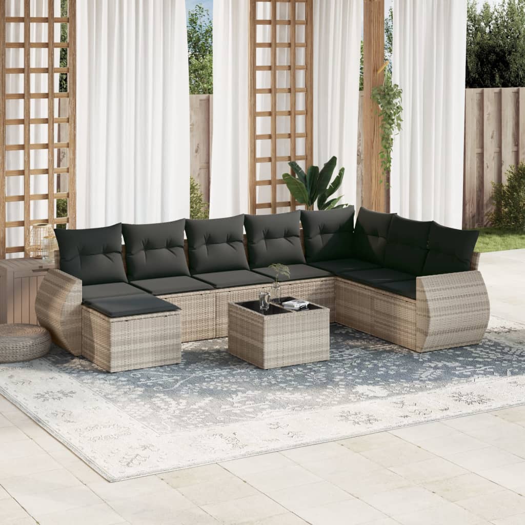 Vetonek Set muebles jardín 9 pzas y cojines ratán sintético gris claro