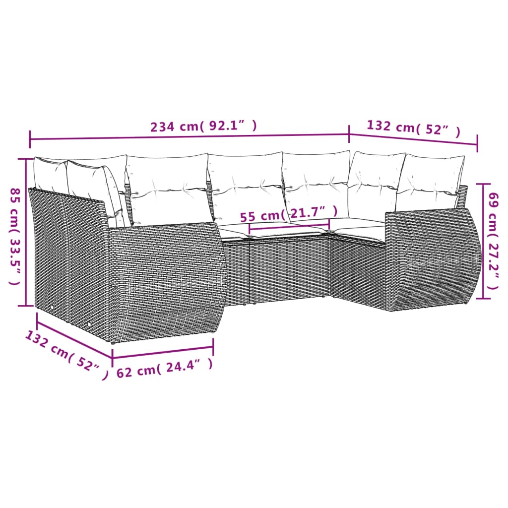 Set sofás de jardín 6 piezas y cojines ratán sintético marrón