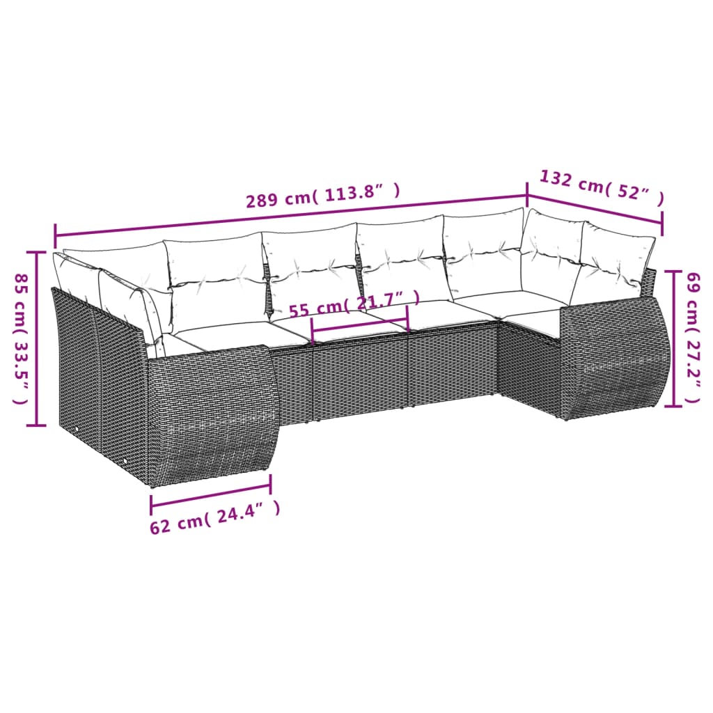 Set de sofás de jardín 7 piezas con cojines ratán PE gris