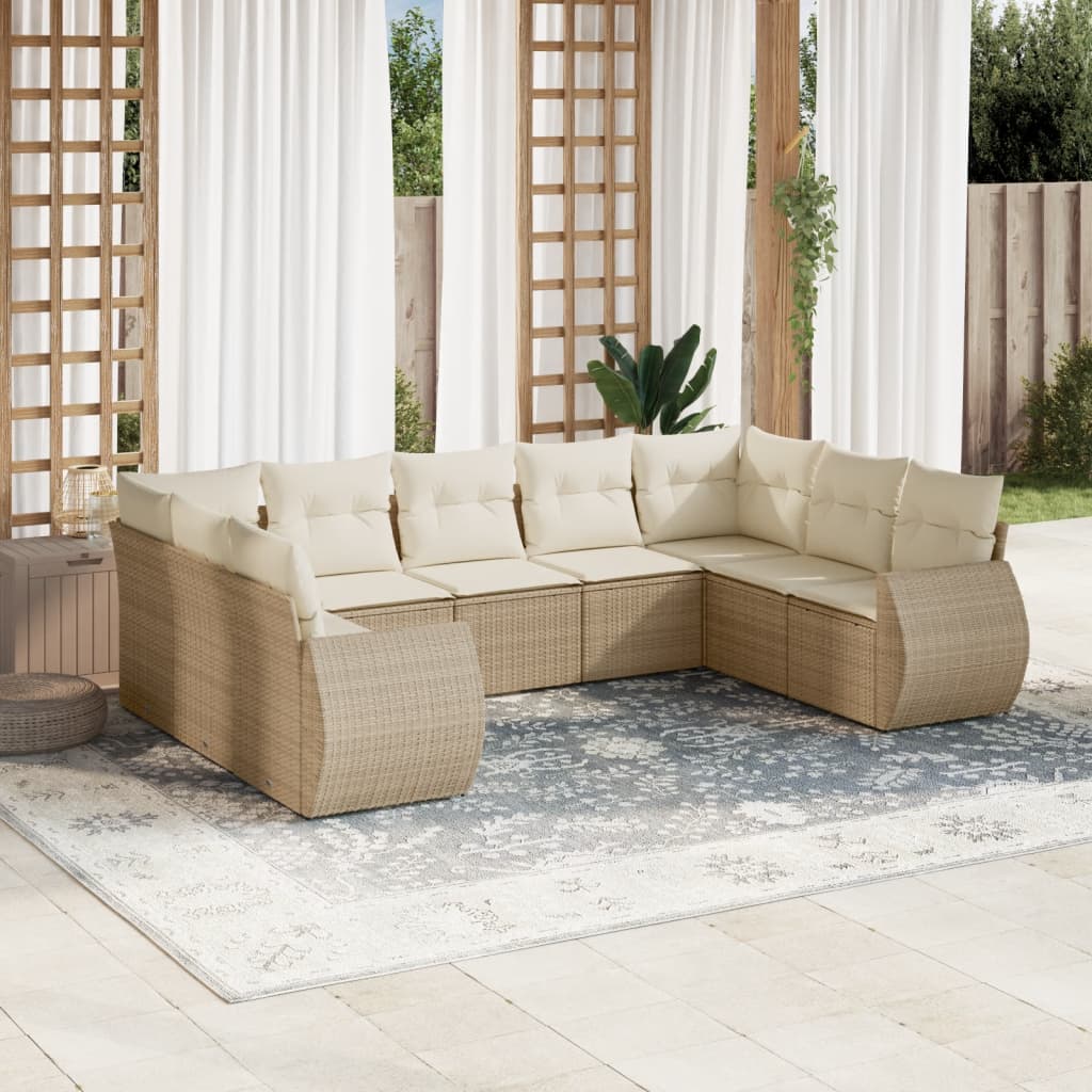 Vetonek Set de sofás de jardín 9 pzas con cojines ratán sintético beige