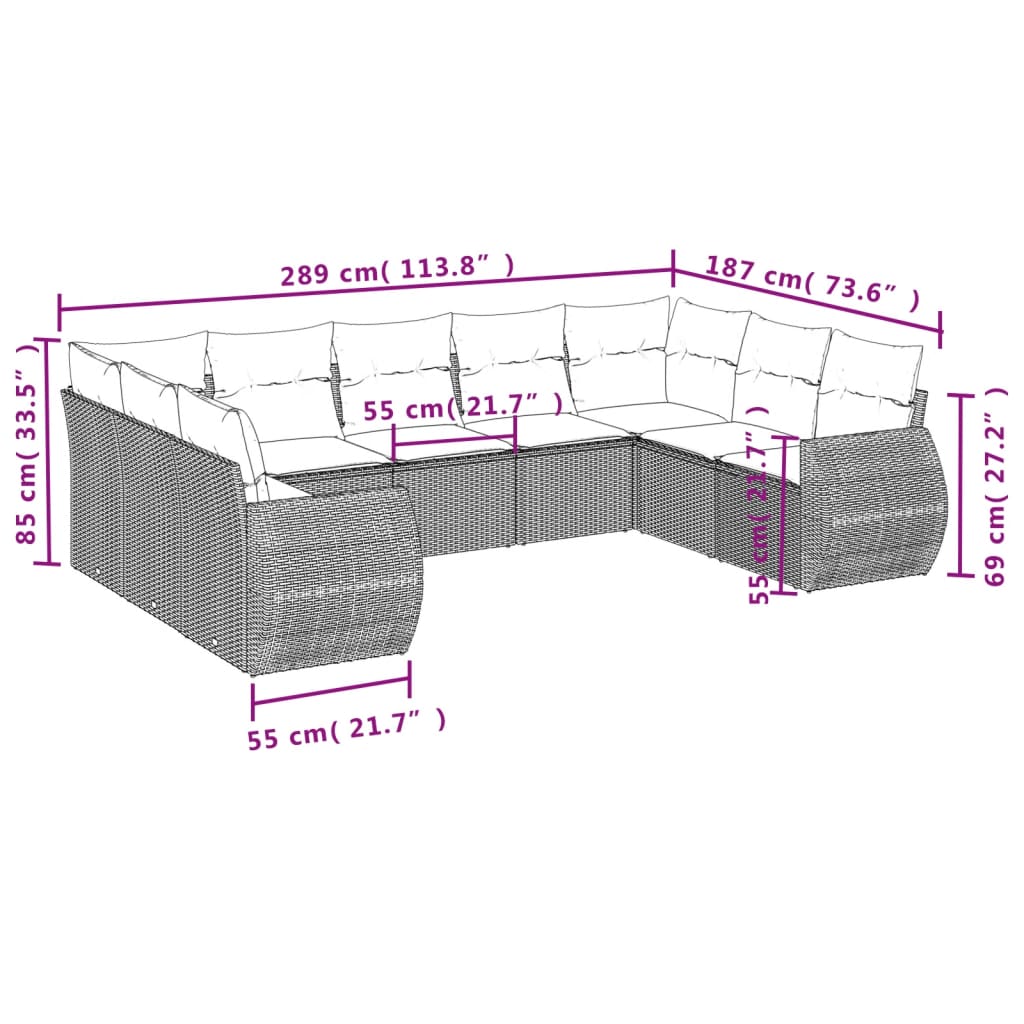 Set de sofás de jardín 9 pzas con cojines ratán sintético beige