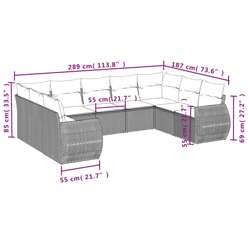 Set de muebles de jardín 9 pzas y cojines ratán sintético gris - Vetonek