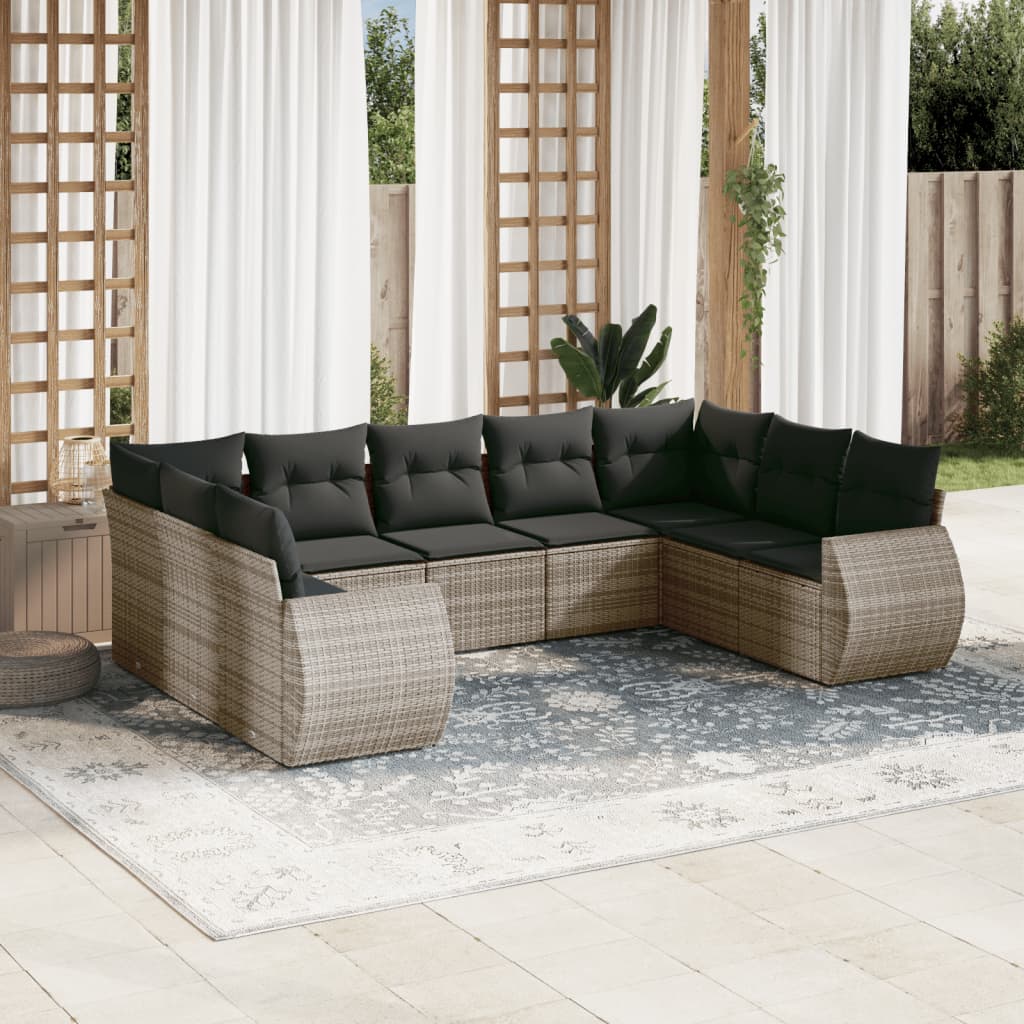 Vetonek Set de muebles de jardín 9 pzas y cojines ratán sintético gris