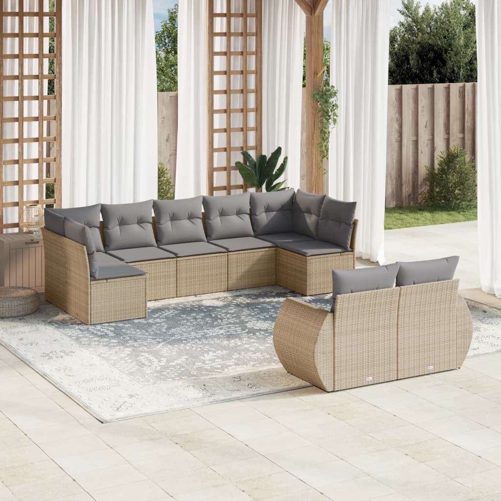 Vetonek Set de sofás de jardín 9 pzas con cojines ratán sintético beige