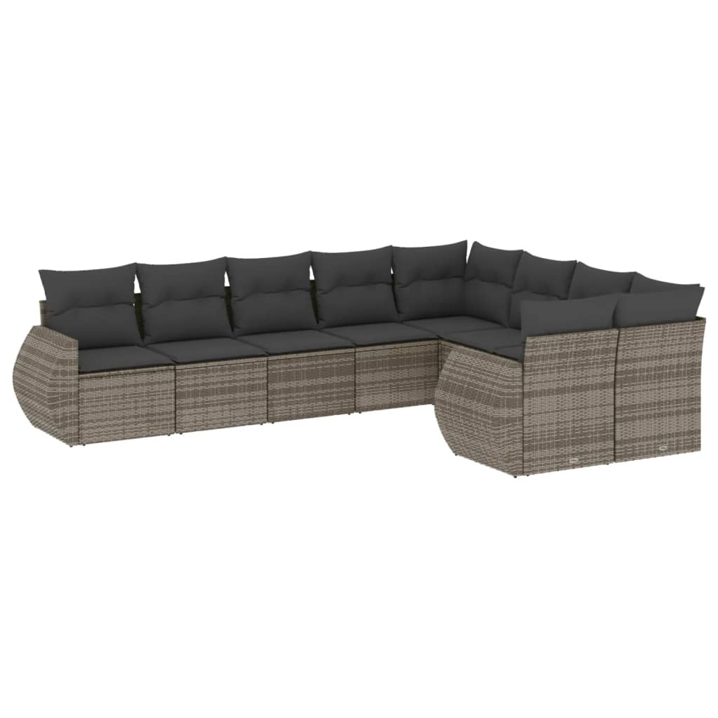 Set de muebles de jardín 9 pzas y cojines ratán sintético gris - Vetonek