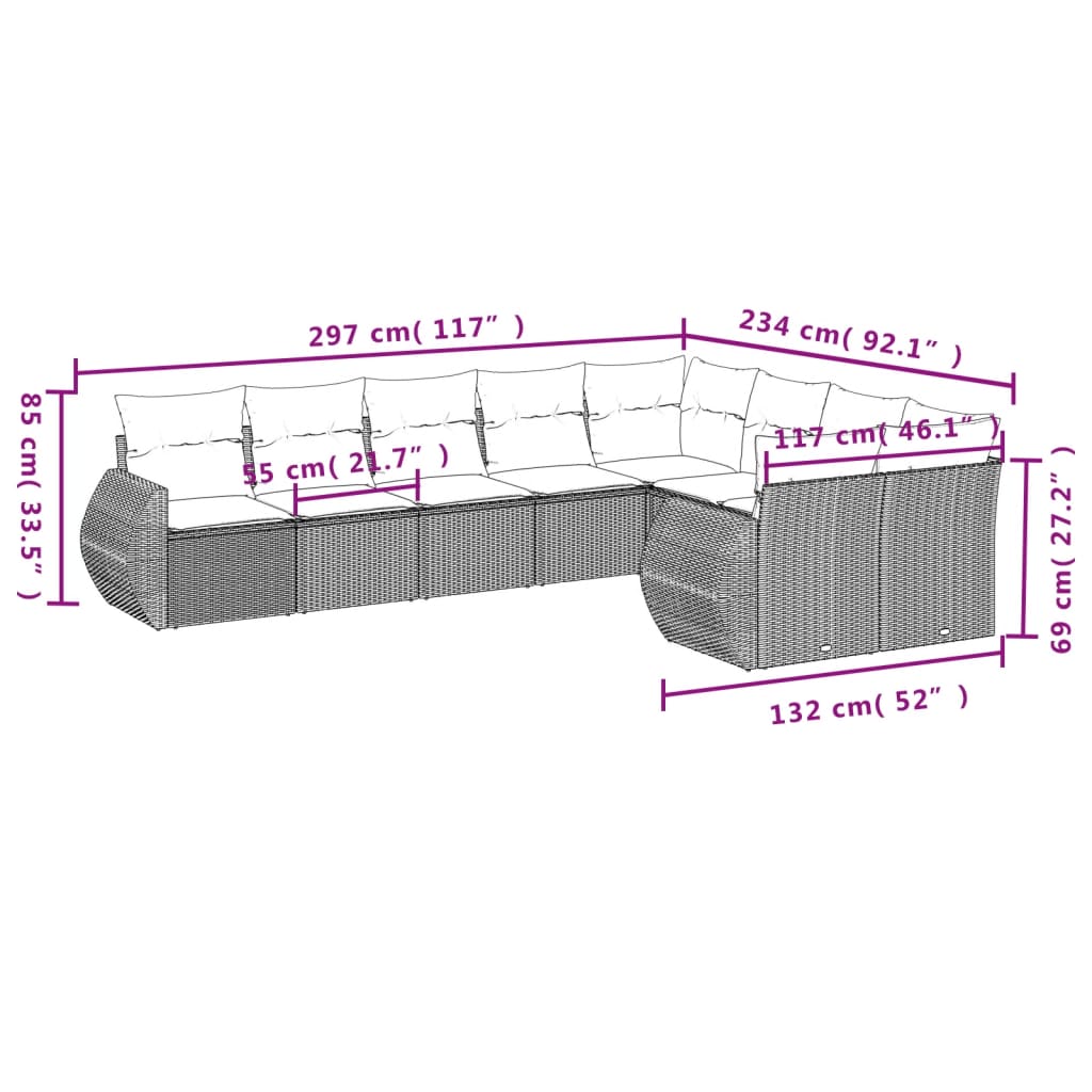 Set de muebles de jardín 9 pzas y cojines ratán sintético gris - Vetonek