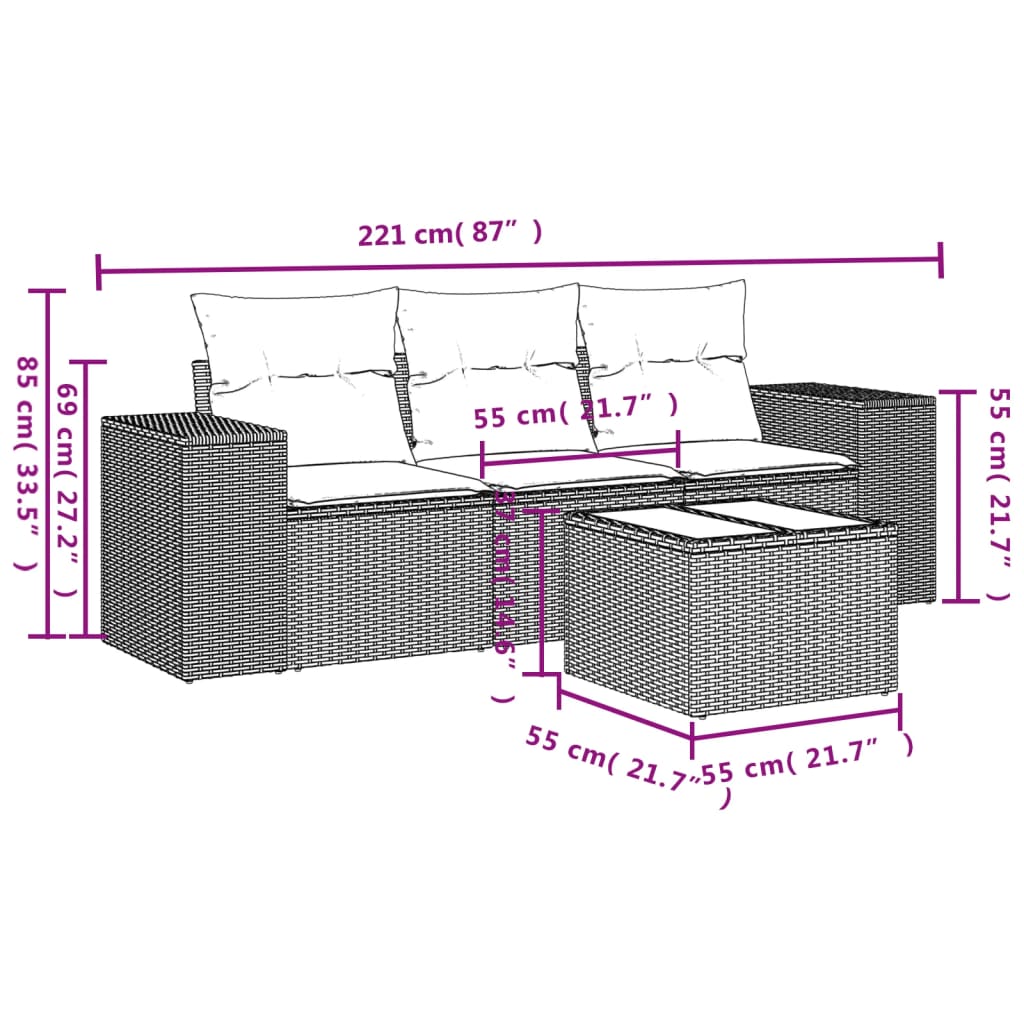 Set de sofás de jardín 4 pzas y cojines ratán sintético gris - Vetonek