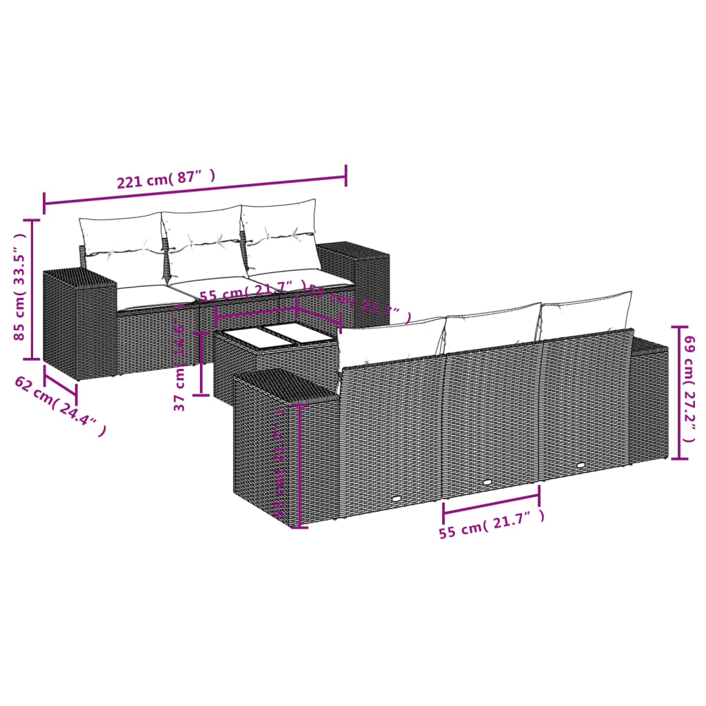 Set da pranzo da giardino 7 pezzi e cuscini di rattan sintetici neri