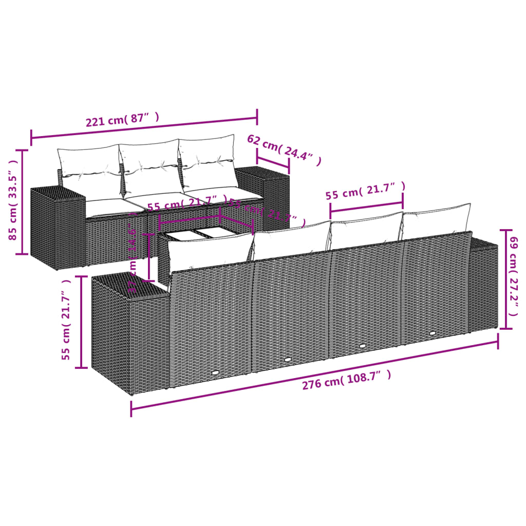 Set de sofás de jardín 8 pzas y cojines ratán sintético gris