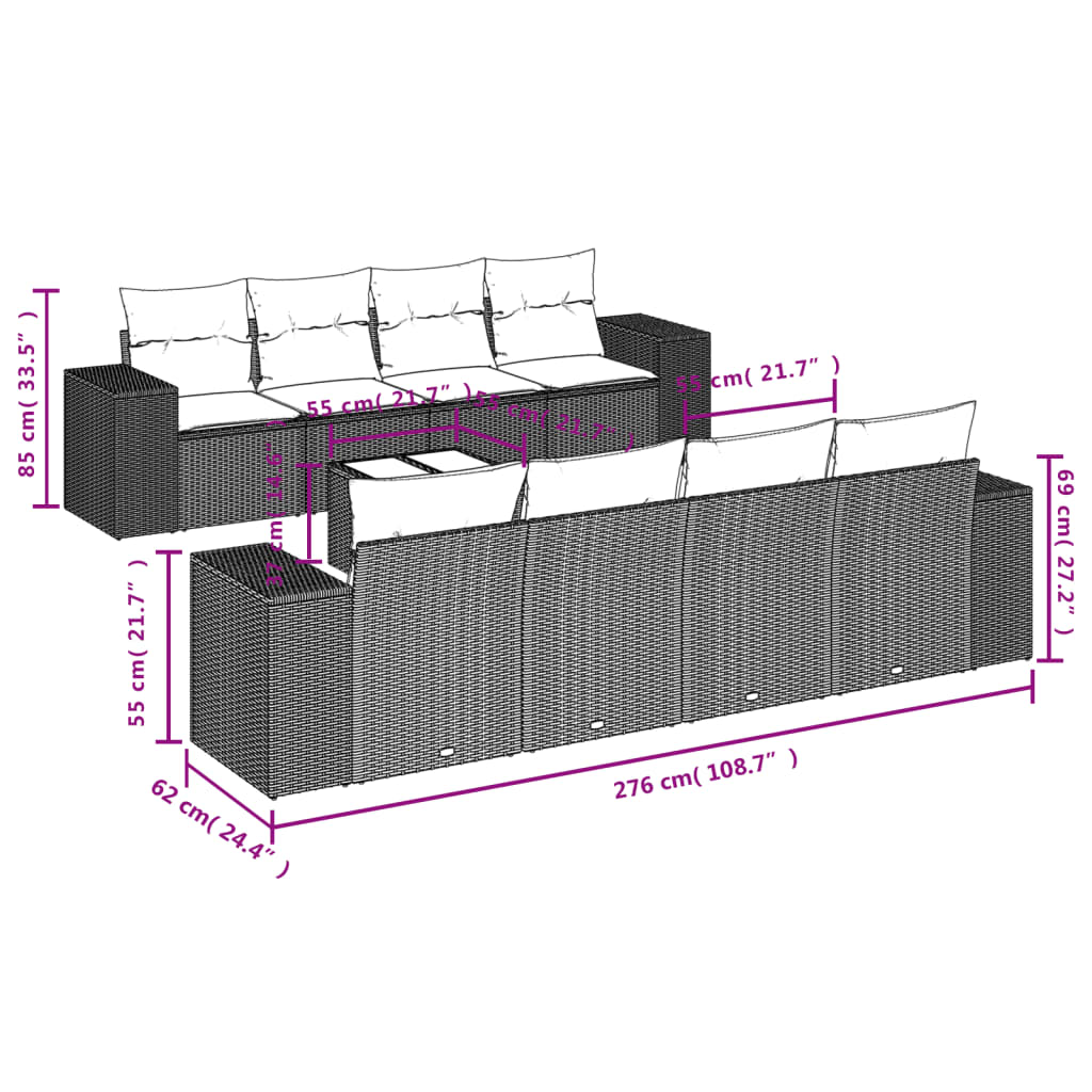 Gartensofas Set 8 Stücke und schwarze synthetische Rattankissen