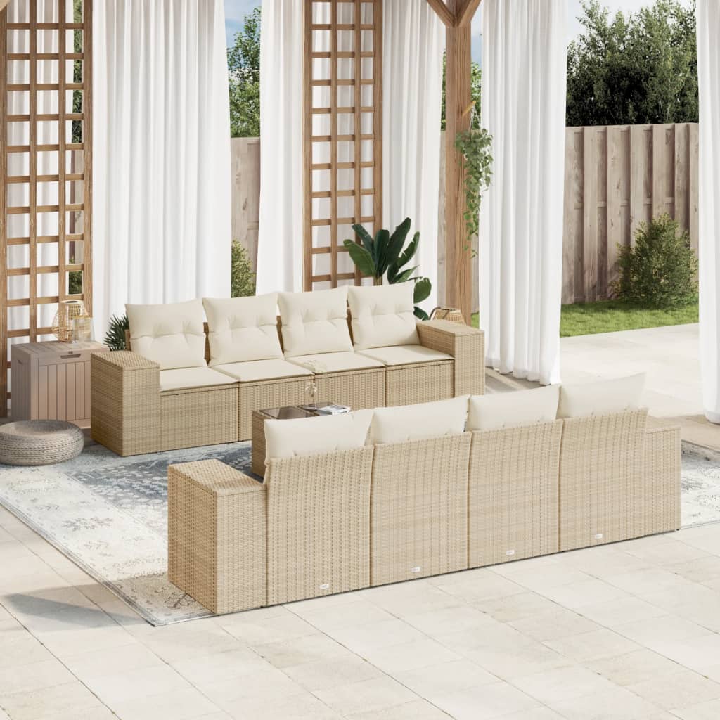 Vetonek Set de sofás de jardín 9 pzas con cojines ratán sintético beige