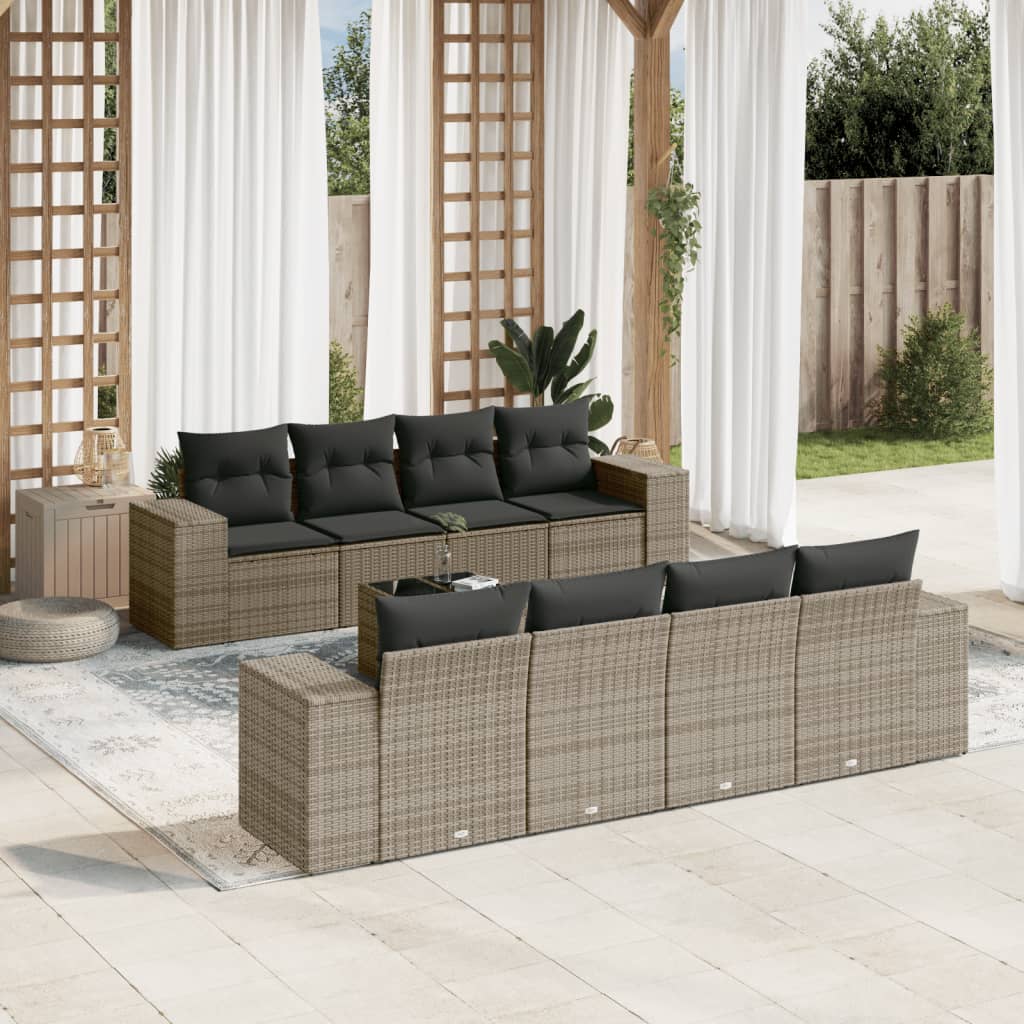 Vetonek Set de muebles de jardín 9 pzas y cojines ratán sintético gris