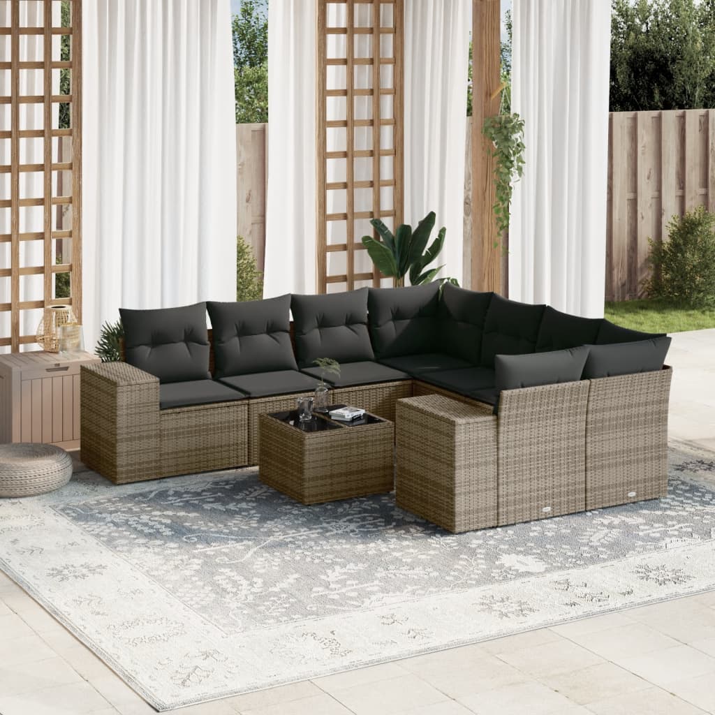 Vetonek Set de muebles de jardín 9 pzas y cojines ratán sintético gris