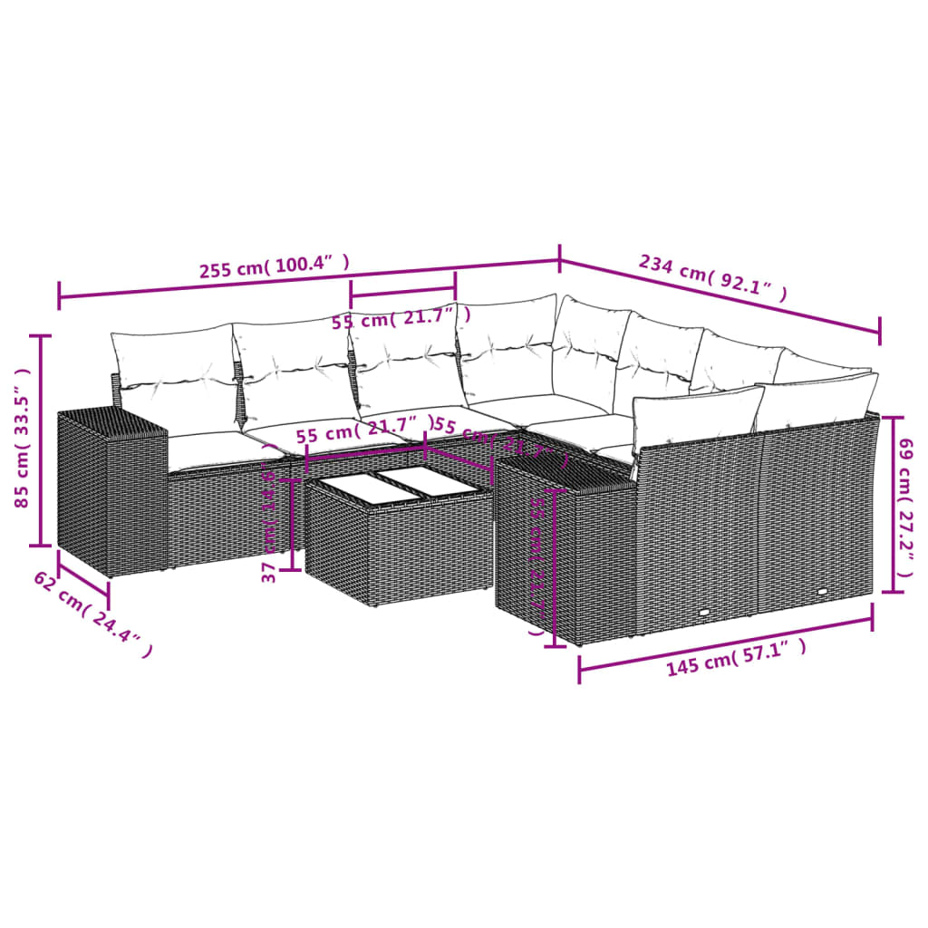 Set muebles jardín 9 pzas y cojines ratán sintético gris claro - Vetonek