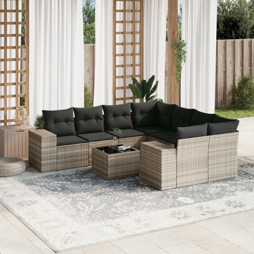 Vetonek Set muebles jardín 9 pzas y cojines ratán sintético gris claro