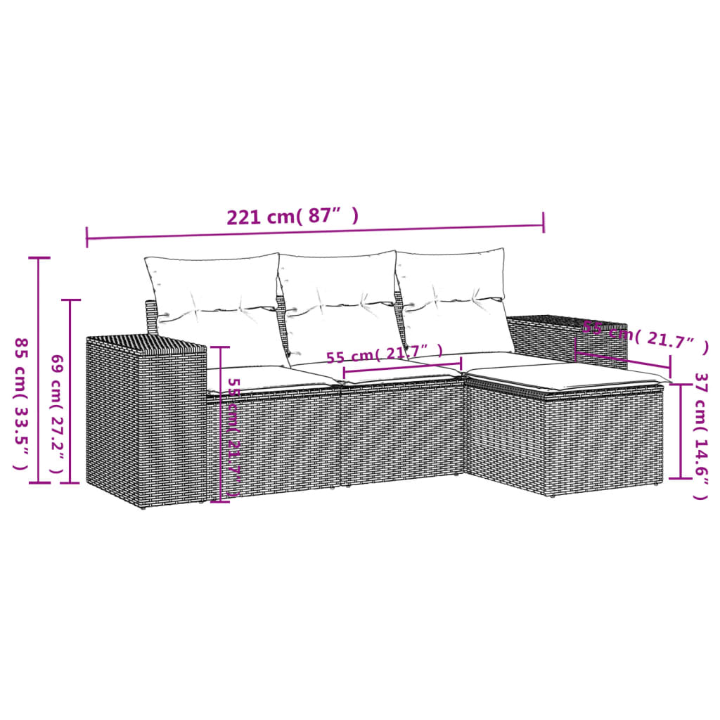 Set de sofás de jardín 4 pzas y cojines ratán sintético gris - Vetonek