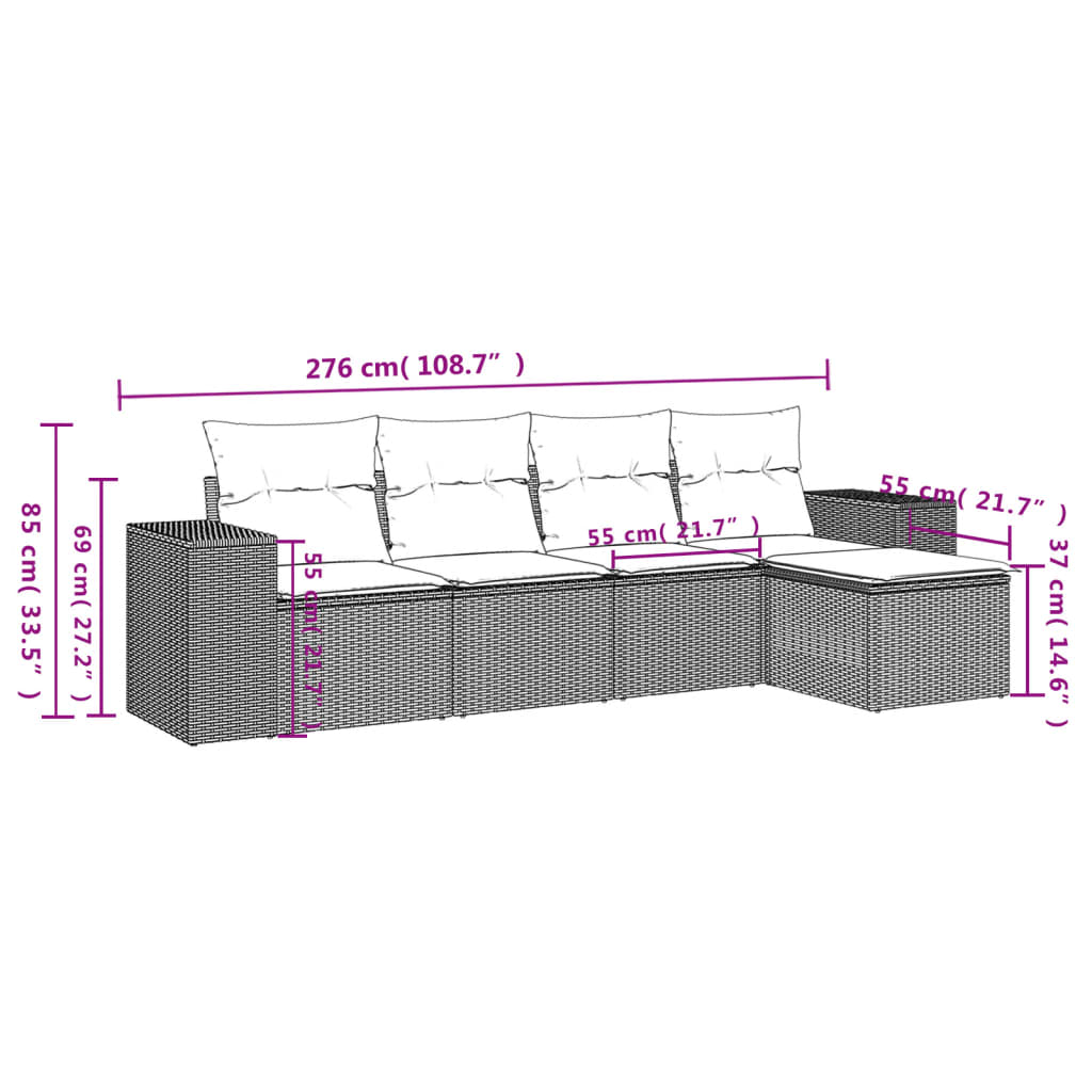 Set comedor de jardín 5 piezas y cojines ratán sintético marrón - Vetonek