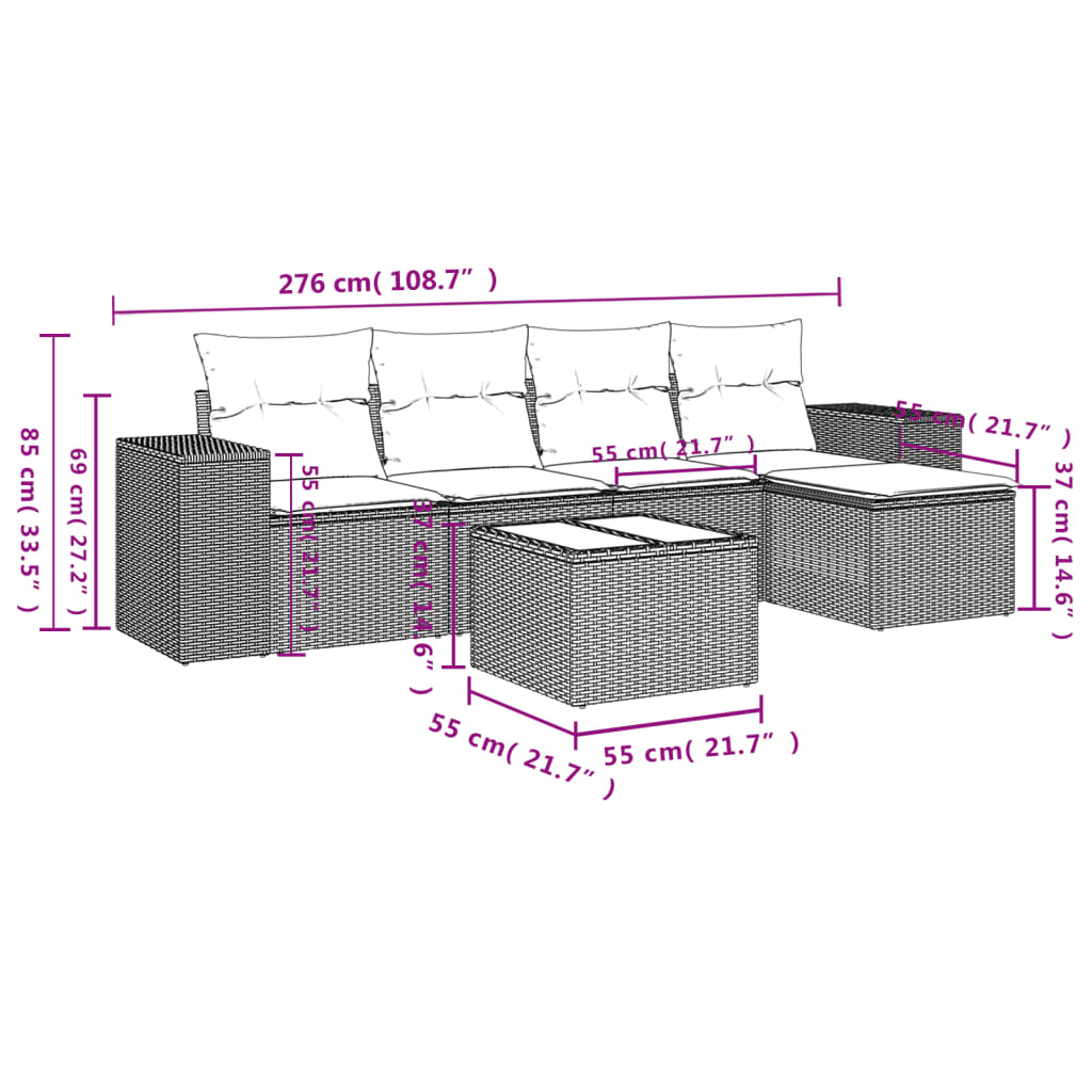 Garden Sofas Set 6 pieces and black synthetic rattan cushions