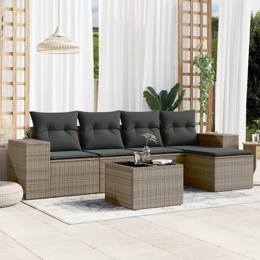 Vetonek Set de muebles de jardín 6 pzas y cojines ratán sintético gris