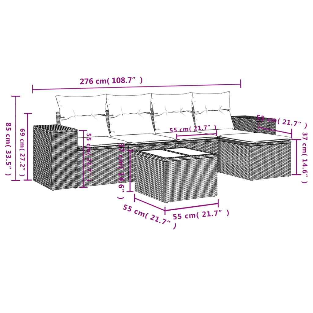 Set de muebles de jardín 6 pzas y cojines ratán sintético gris - Vetonek