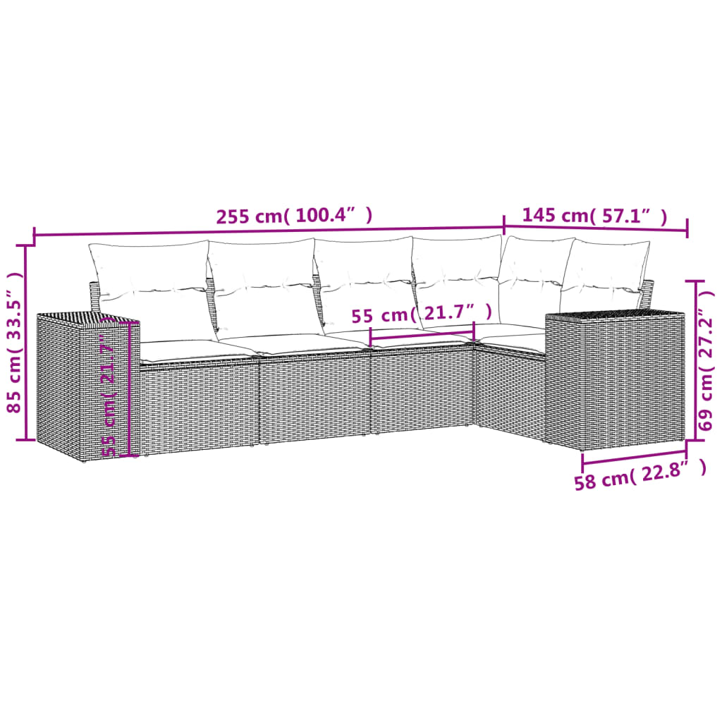 Set comedor de jardín 5 piezas y cojines ratán sintético marrón - Vetonek