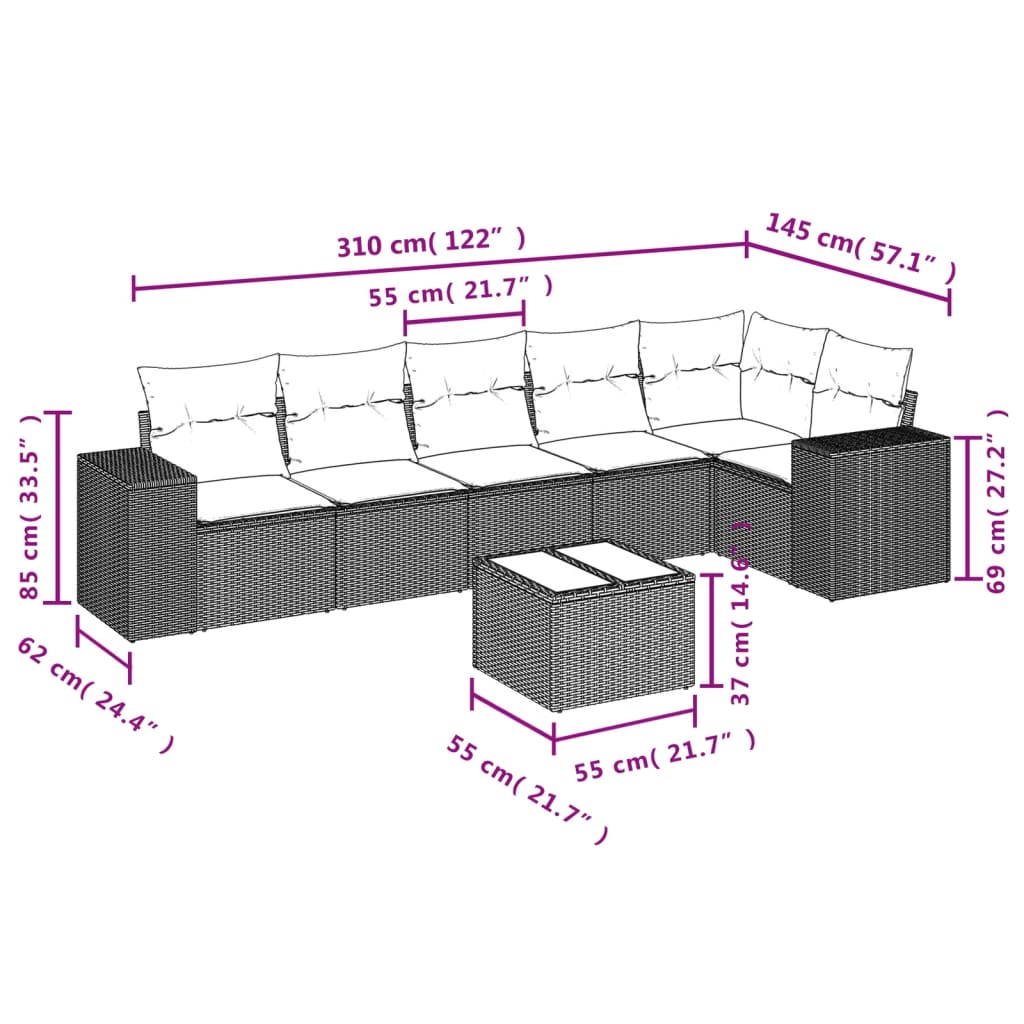 Set de comedor de jardín 7 pzas y cojines ratán sintético negro