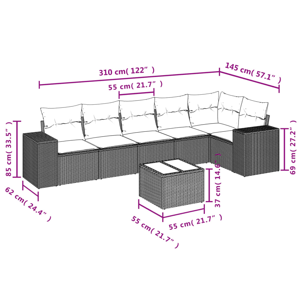 Sofás de jardim Conjunto de 7 peças com almofadas de vime cinza