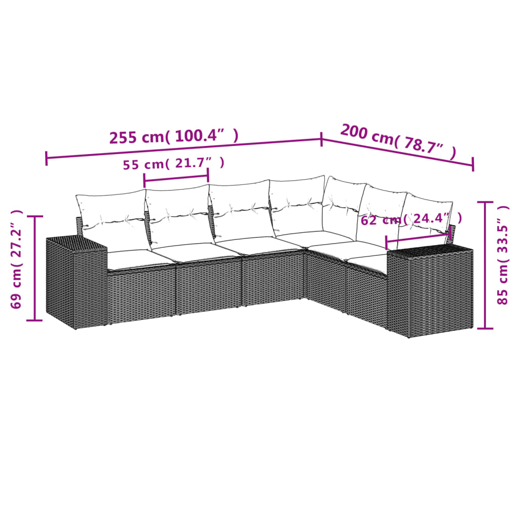 Set de sofás de jardín 6 piezas y cojines ratán sintético negro