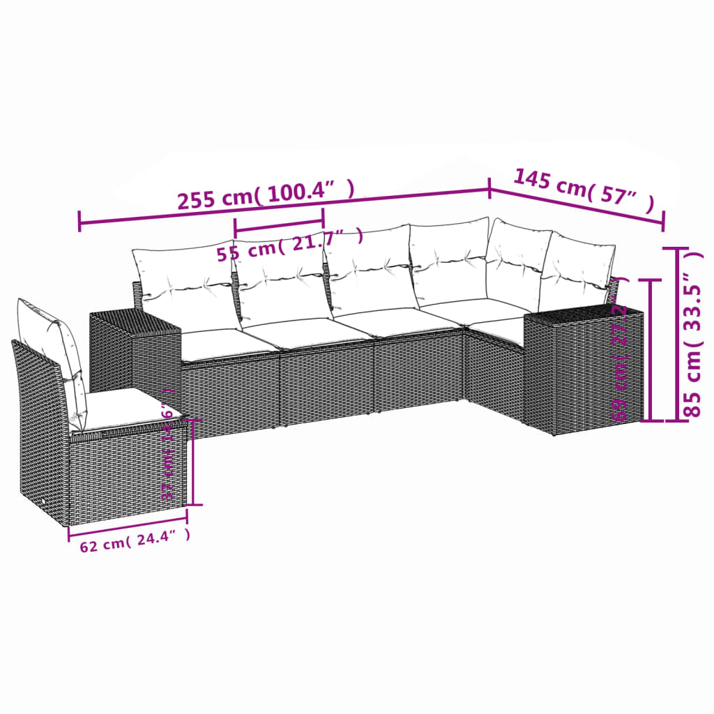 Les canapés de jardin se fixent 6 pièces et les coussins de rotin synthétique noirs