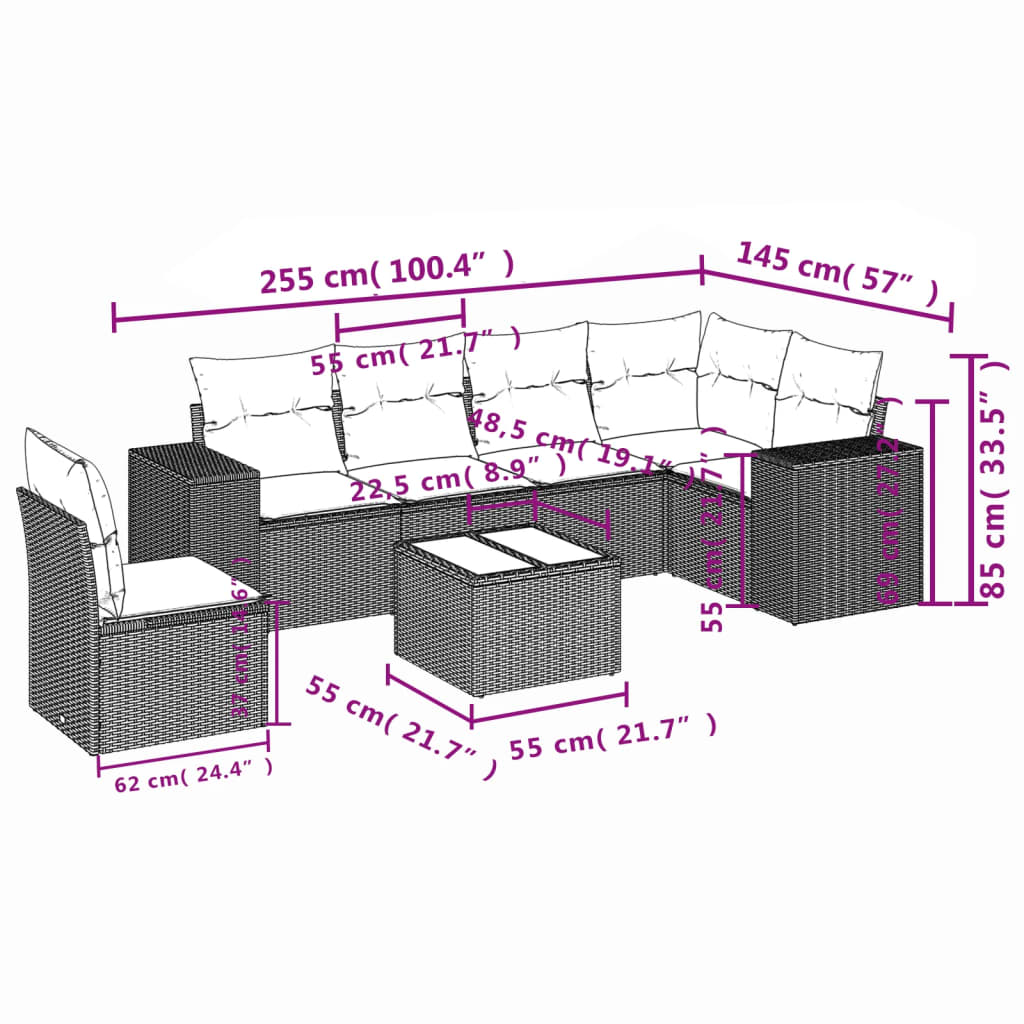 Garten -Ess -Set 7 PCs und schwarze synthetische Rattan -Kissen