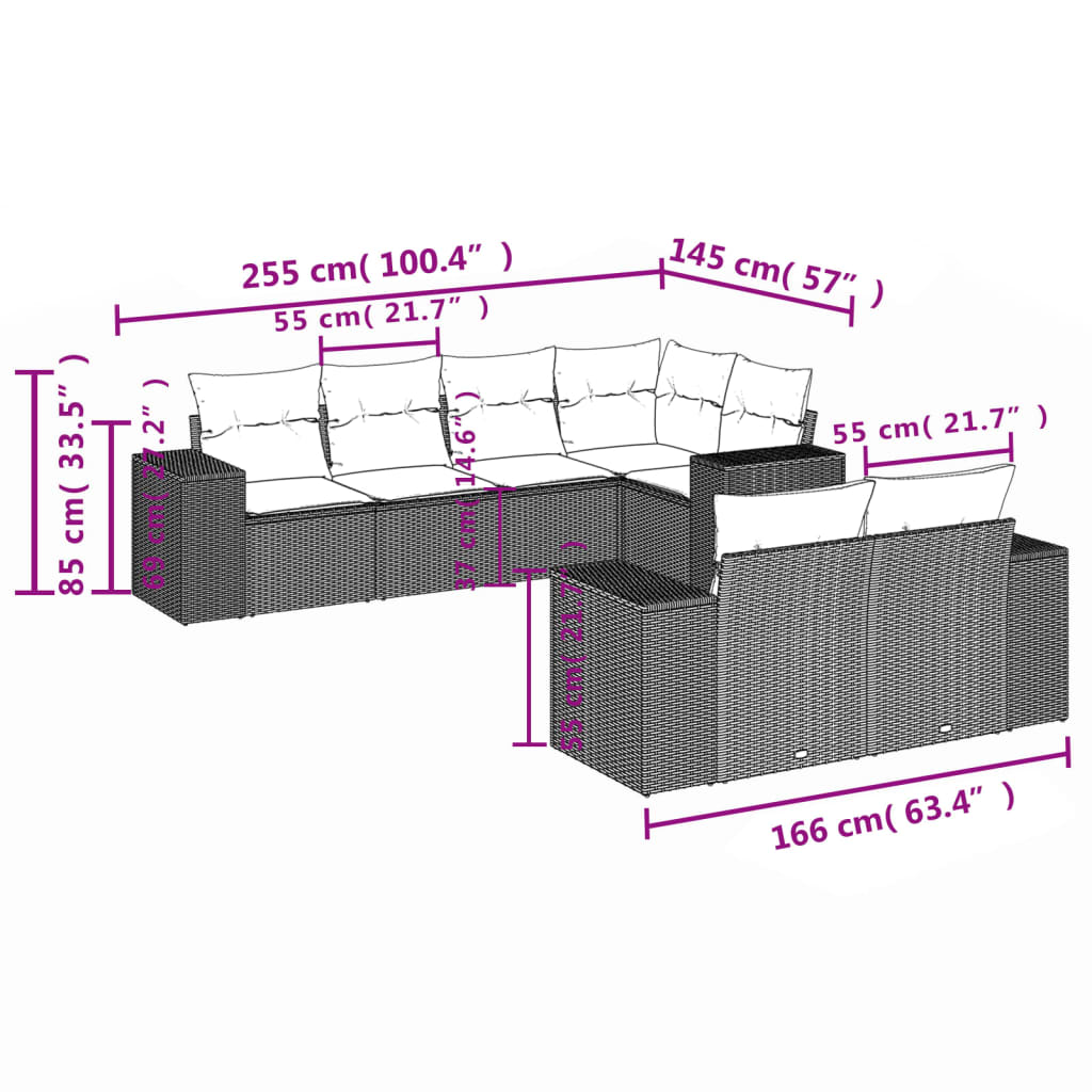 Set de comedor de jardín 7 pzas y cojines ratán sintético negro