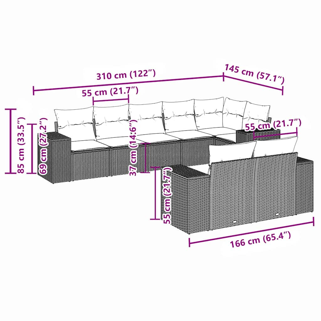 Set de sofás de jardín 8 pzas y cojines ratán sintético gris - Vetonek