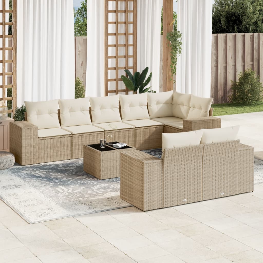 Vetonek Set de sofás de jardín 9 pzas con cojines ratán sintético beige