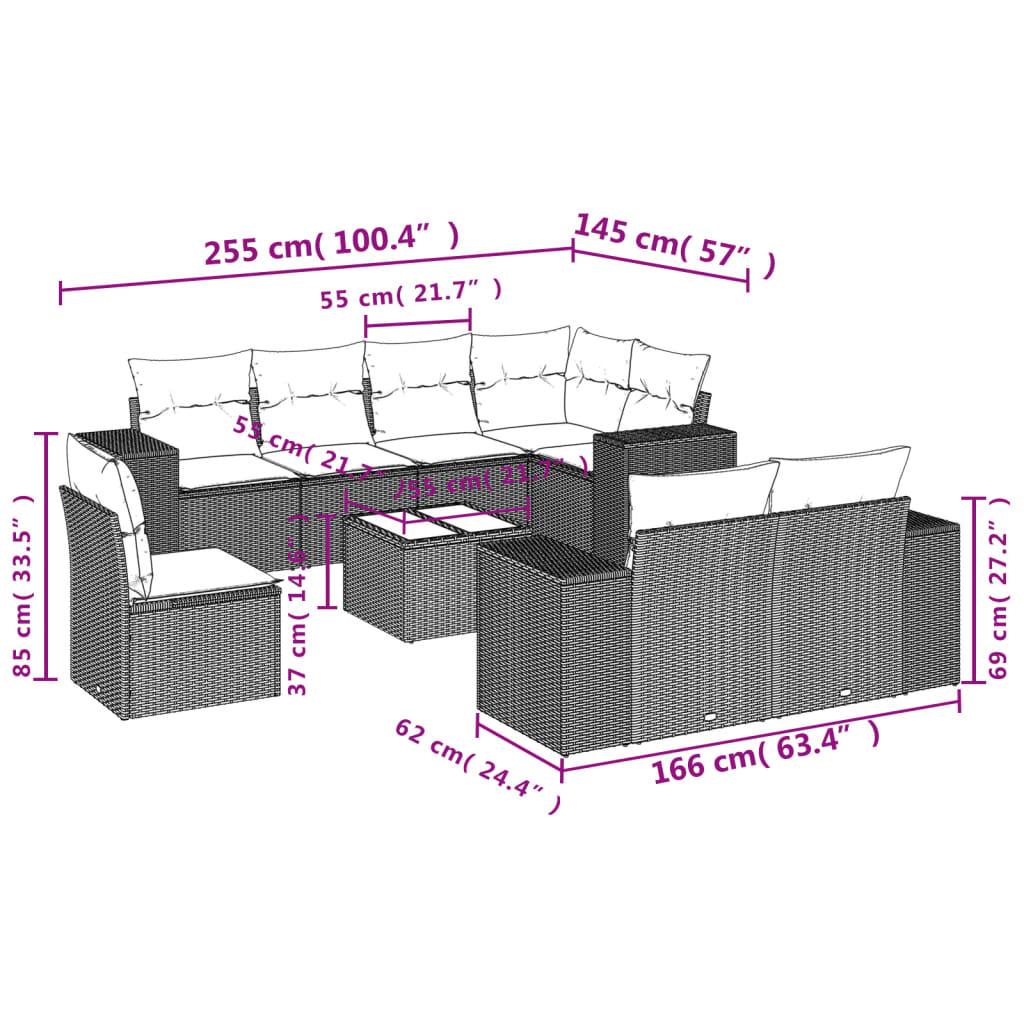 Gartensofas Set 8 Stücke und schwarze synthetische Rattankissen