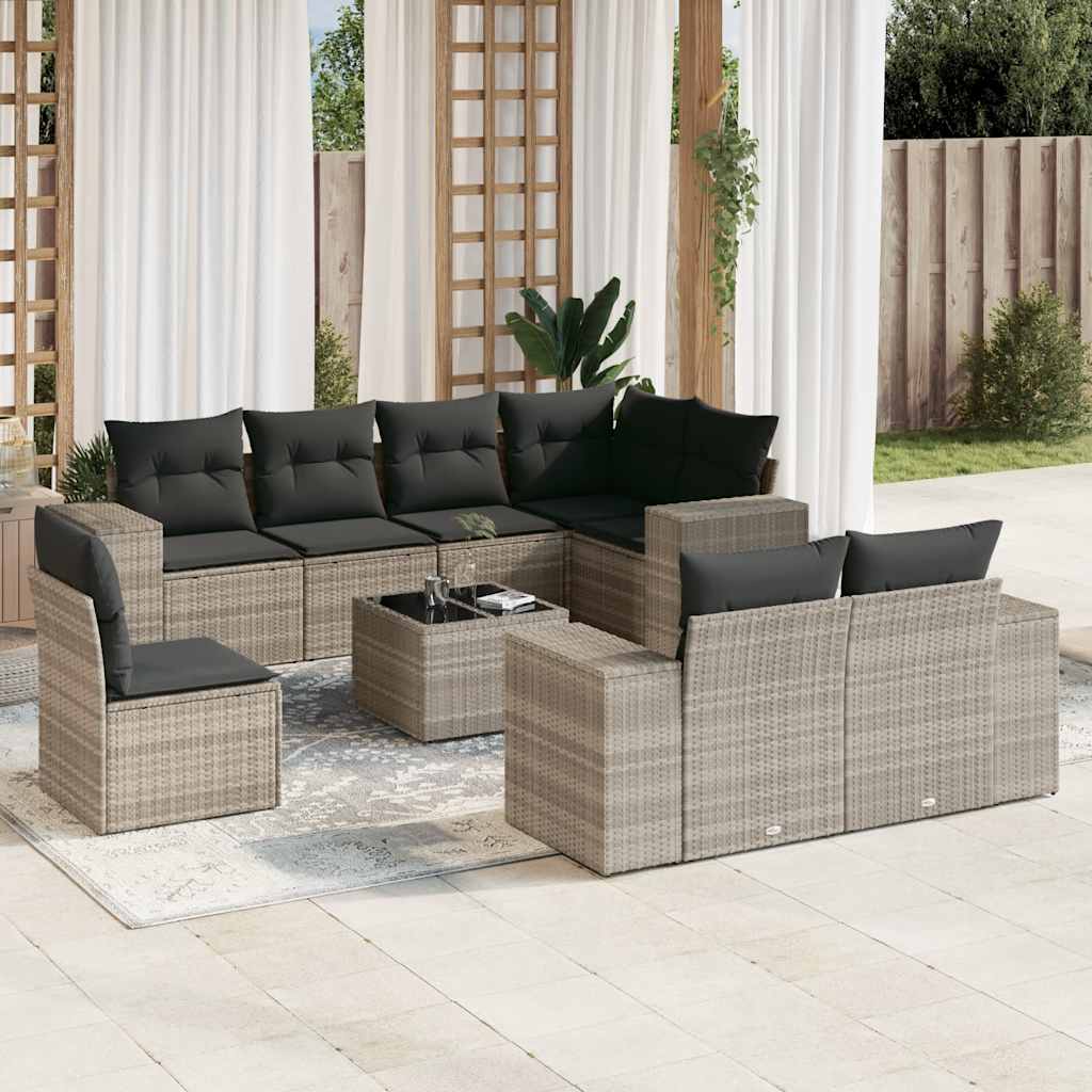 Vetonek Set muebles jardín 9 pzas y cojines ratán sintético gris claro