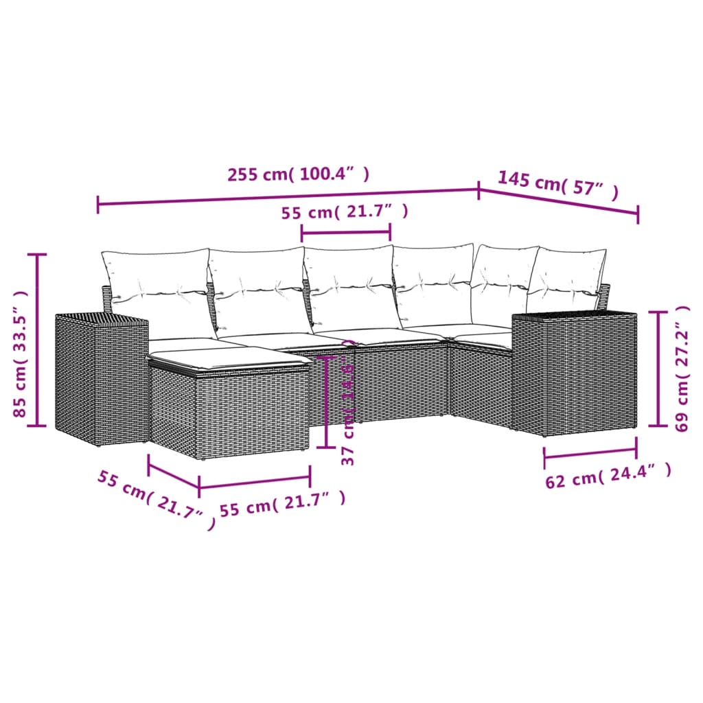 Set sofás de jardín 6 piezas y cojines ratán sintético marrón - Vetonek