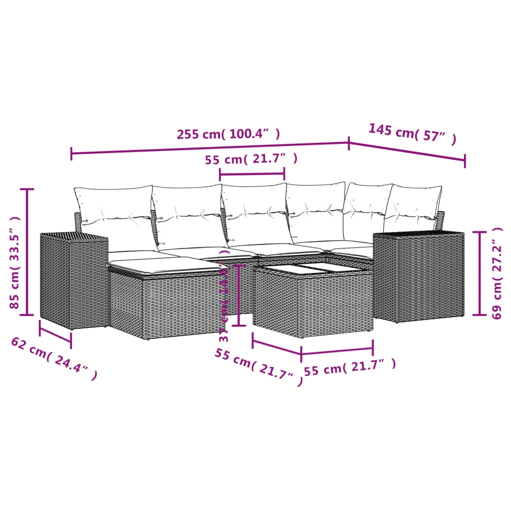 Set de comedor de jardín 7 pzas y cojines ratán sintético negro