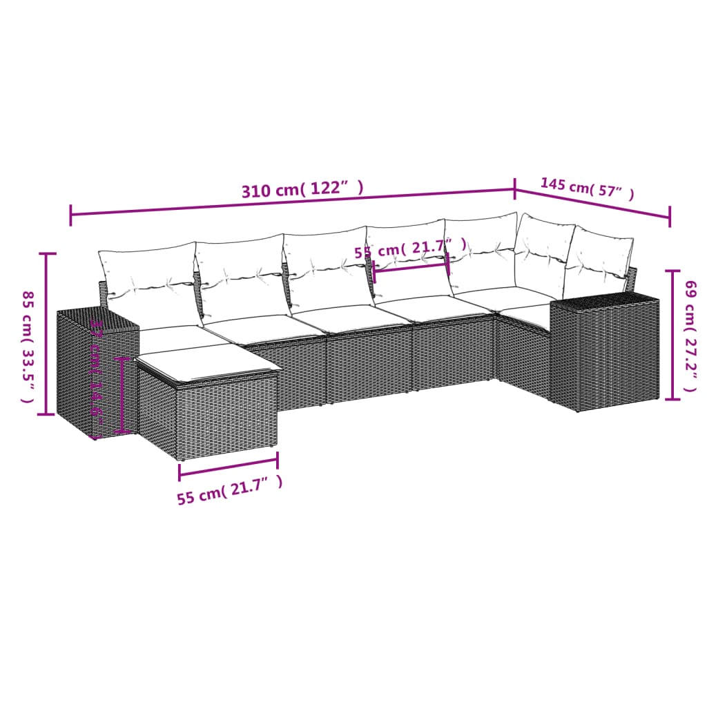 Garten -Ess -Set 7 PCs und schwarze synthetische Rattan -Kissen