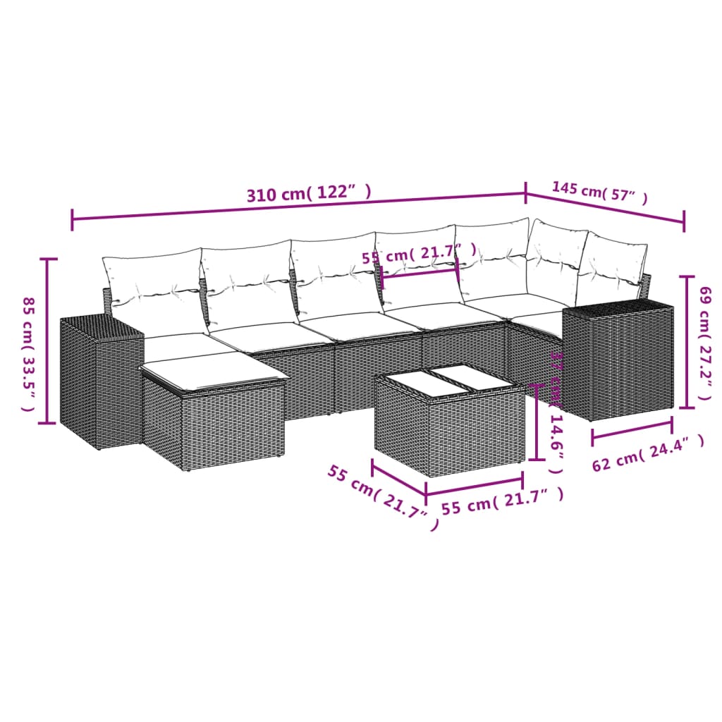 Set sofás de jardín 8 piezas y cojines ratán sintético marrón - Vetonek