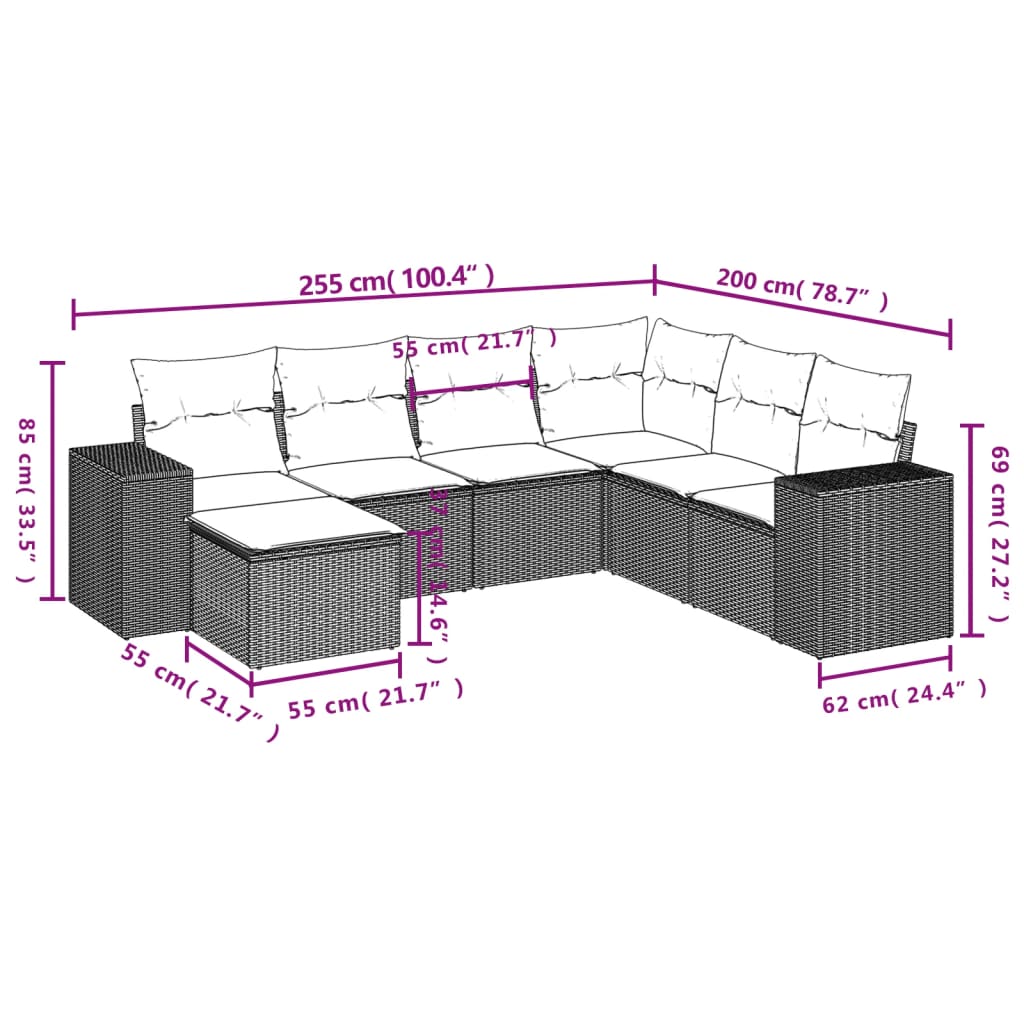 Garten -Ess -Set 7 PCs und schwarze synthetische Rattan -Kissen