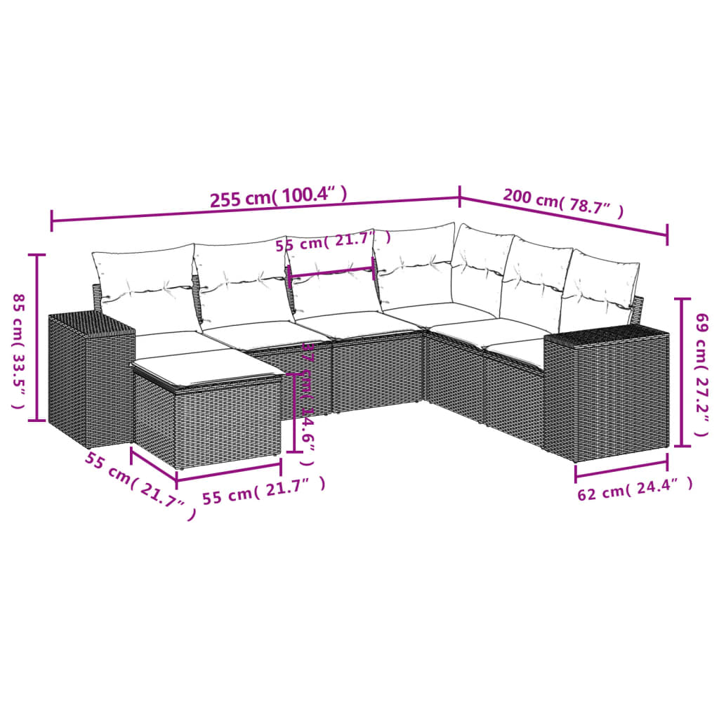 Set sofás de jardín 7 piezas y cojines ratán sintético beige - Vetonek