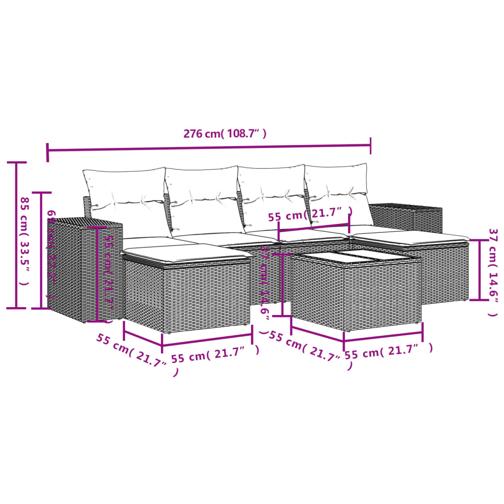 Set de comedor de jardín 7 pzas y cojines ratán sintético negro